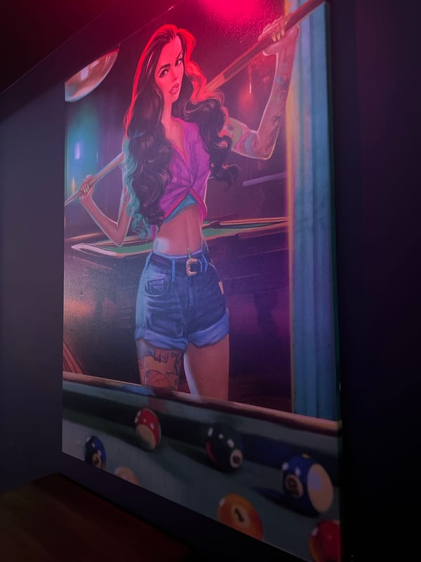 Illuminated pool hall artwork photographed in Sofia