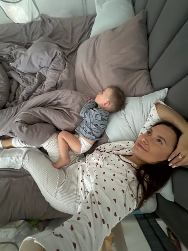 Woman and child rest together in Moscow region home