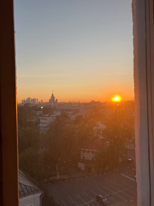 Moscow skyline at golden hour, Seven Sisters on the horizon