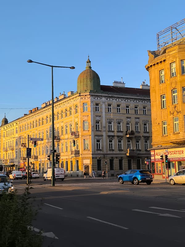 Golden hour illuminates Vienna street intersection buildings