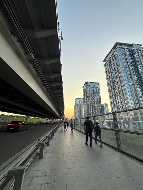 Dusk along a Moscow sidewalk beneath an elevated highway