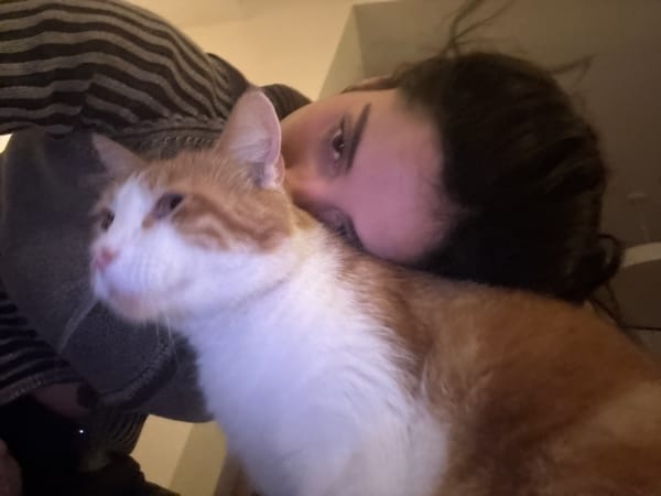 Woman spends quiet moments with orange tabby cat at home