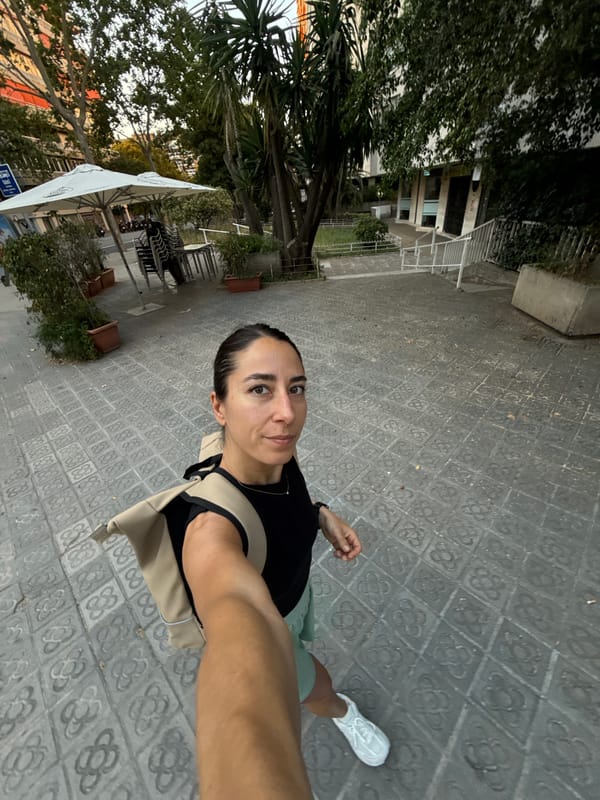 Selfie walk through Barcelona's tree-lined cobblestone streets
