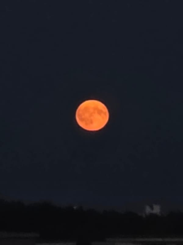 Big orange moon rises over Minsk on a July night