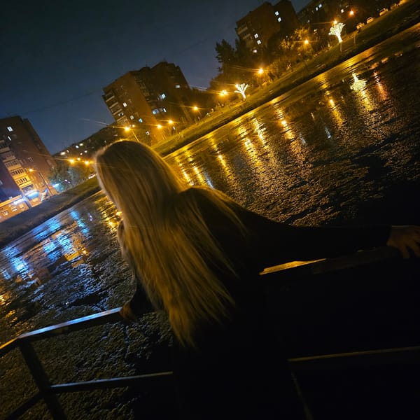 Late-night street wandering in Chelyabinsk with a dog in tow