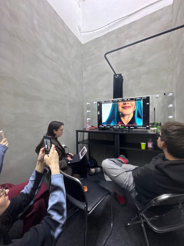 Video production featuring blue-haired woman filmed in Minsk studio