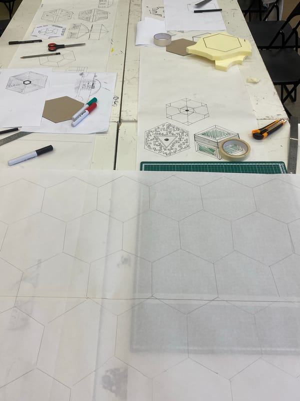 Moscow artist workspace captured with hexagonal design materials