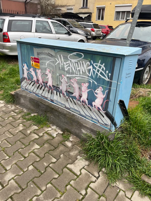 Pink mice mural brightens Sofia electrical box