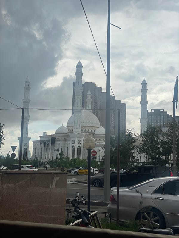 Hazrat Sultan Mosque photographed from roadside vantage point in Astana