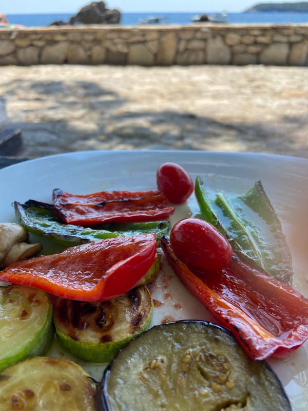 Rocky coastline hangout with grilled vegetables in Prijevor, Montenegro