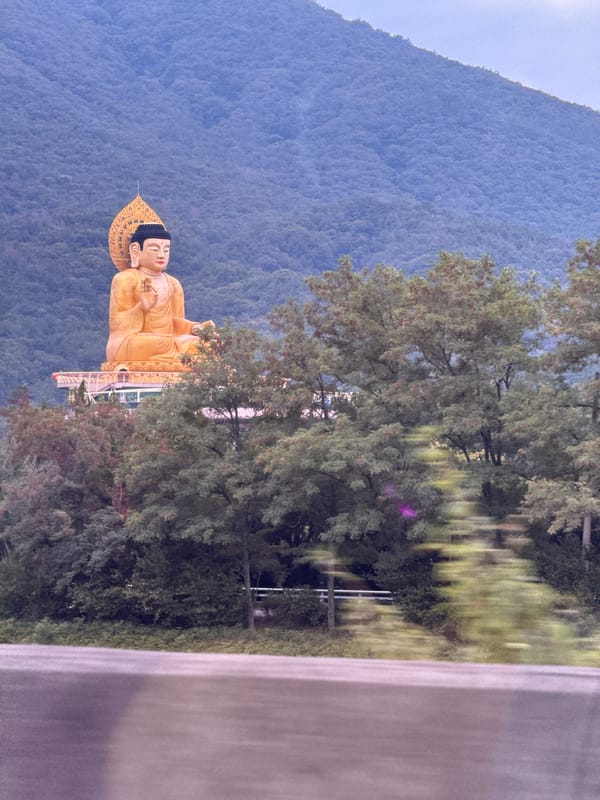 Golden seated Buddha against forested hillside in Busan