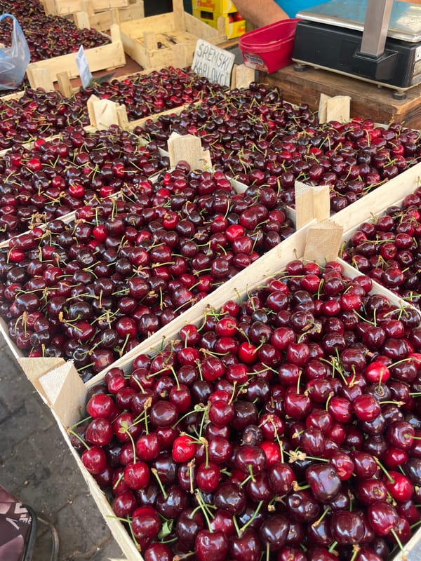 Cherry vendors set up fresh fruit displays in Novi Sad