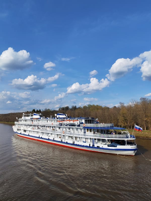 River cruise ship spotted on waterway with distinctive coloring