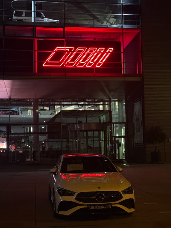 Mercedes demonstration car parked at Munich dealership at night