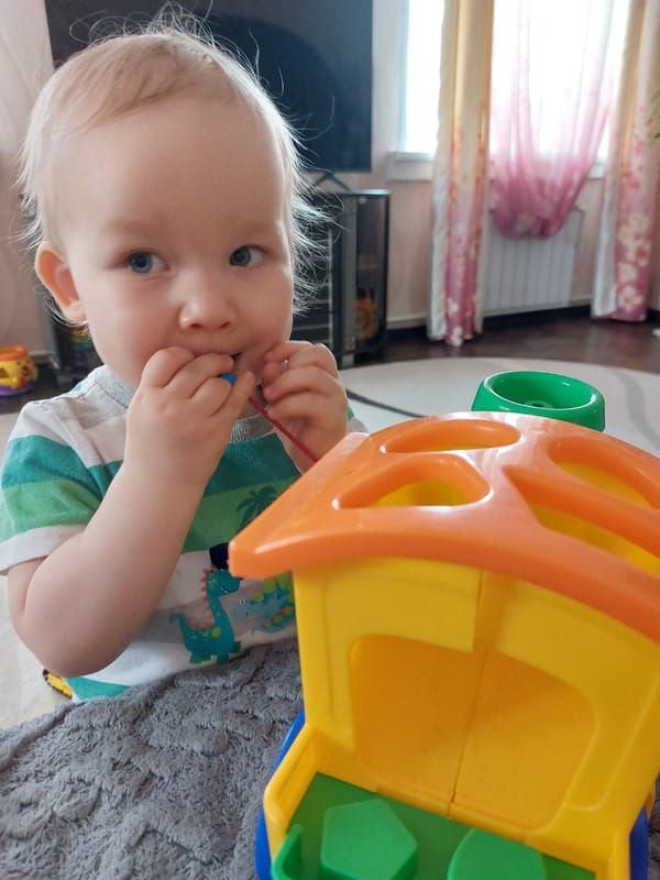 Child plays with toys alongside cat in Russian home