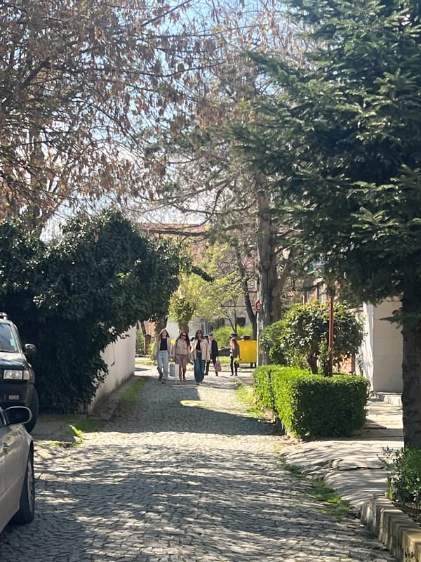 Six people walk cobblestone sidewalk in Pazardzhik, Bulgaria