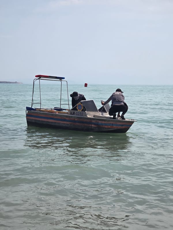 Busy day at a supervised beach on Kapchagay Reservoir