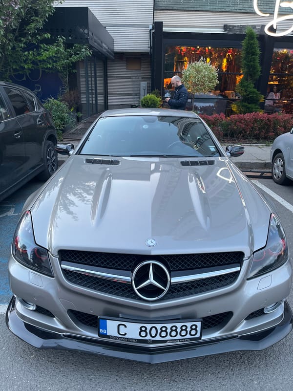 Silver Mercedes-Benz SL spotted parked outside Sofia restaurant