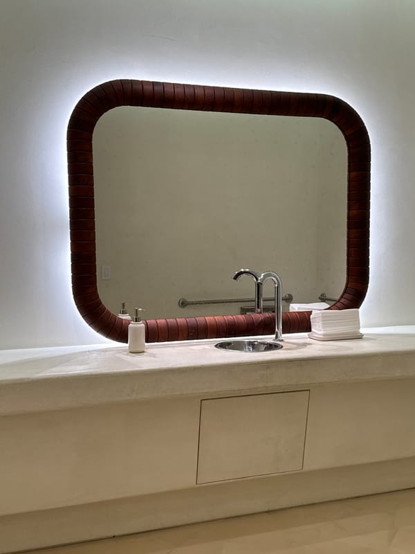 Illuminated wooden-framed bathroom mirror spotted in San Diego