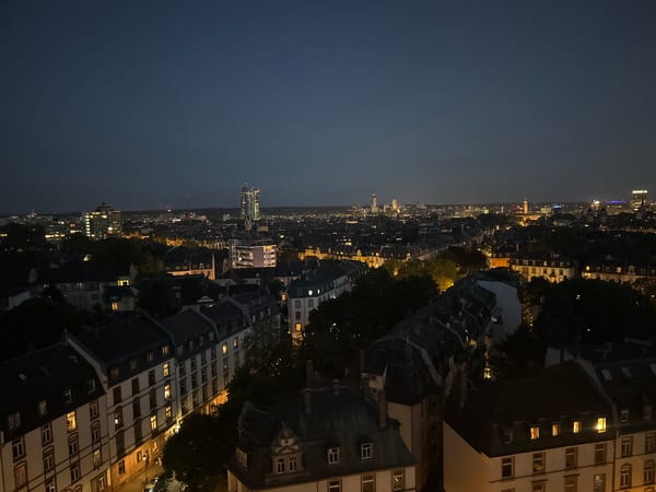 Evening cityscape views documented across Frankfurt's residential and financial districts
