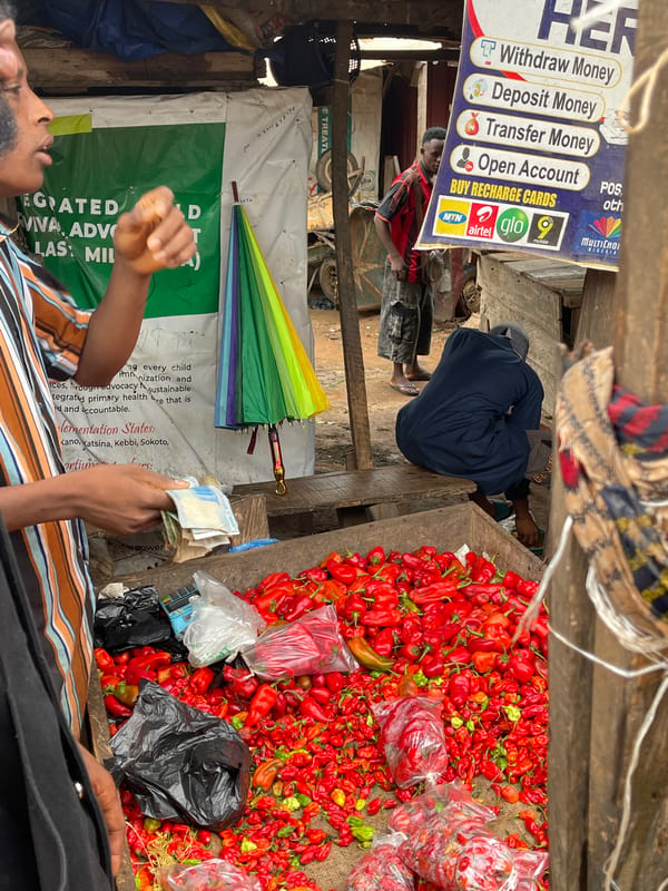 Morning market activity across produce and meat stalls in Abuja