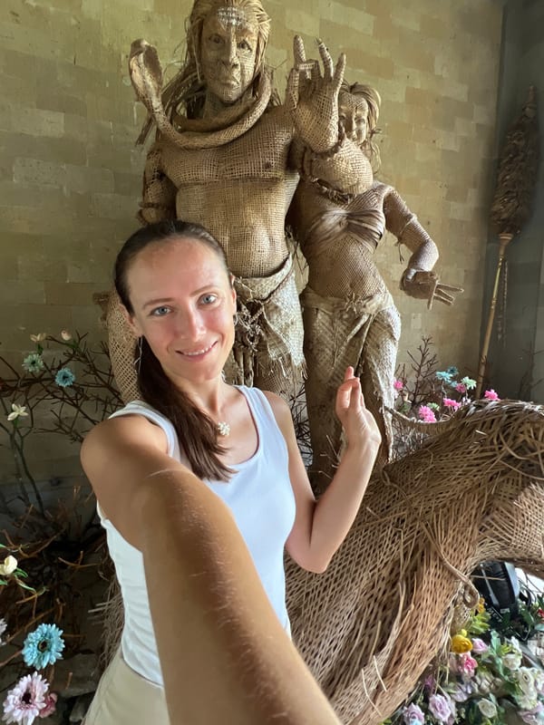 Tourist visits traditional art garden installation in Kedewatan, Indonesia