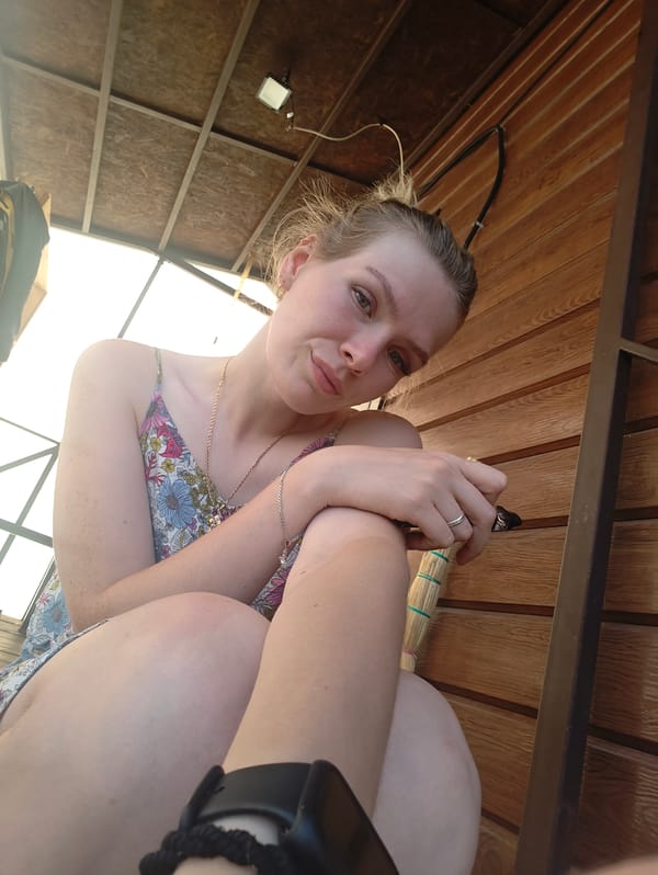 Floral dress, outdoor selfies in rural Russia