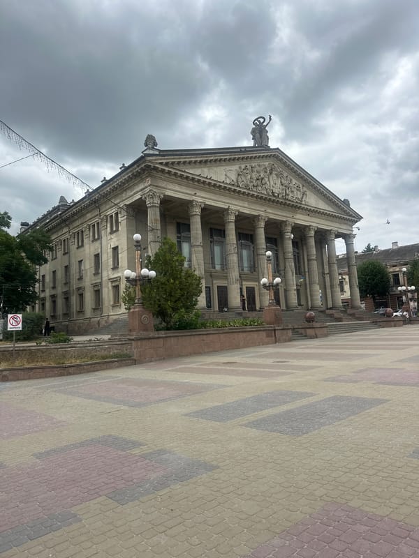 Central Ternopil's civic streets and landmarks on a cloudy afternoon