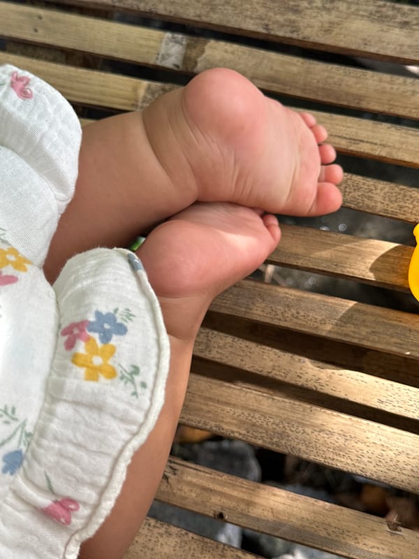 Baby plays on bamboo platform near flooded paddies