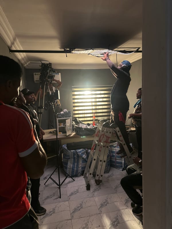 Film crew sets up lighting equipment in Lekki