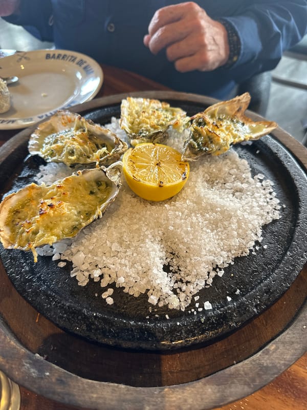 Restaurant dinner featuring grilled oysters and appetizers in Mexico