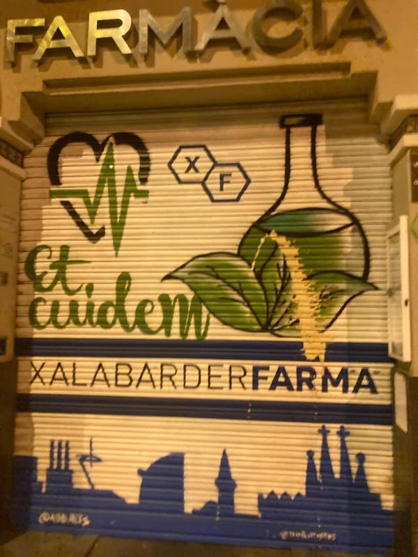 Late-night Barcelona street art and shuttered storefronts