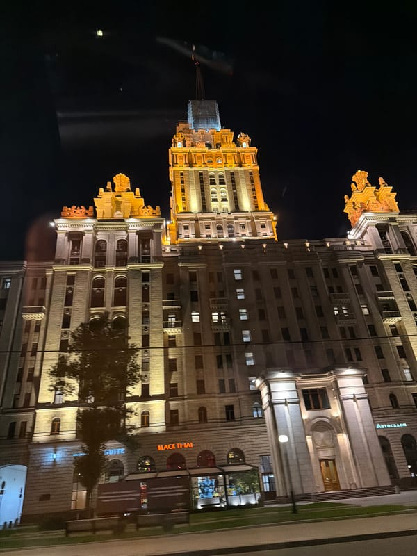 Hotel Ukraina glowing at night in central Moscow