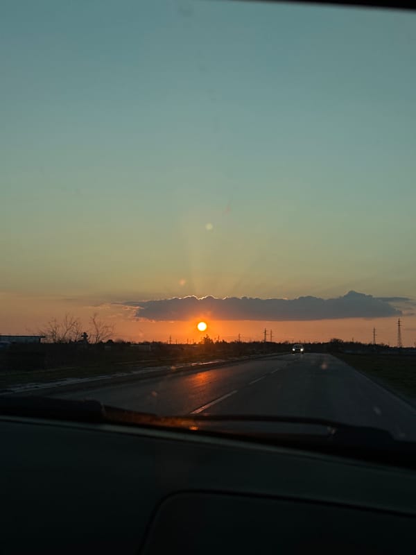 Sunset observed from vehicle on road near Balchik, Bulgaria