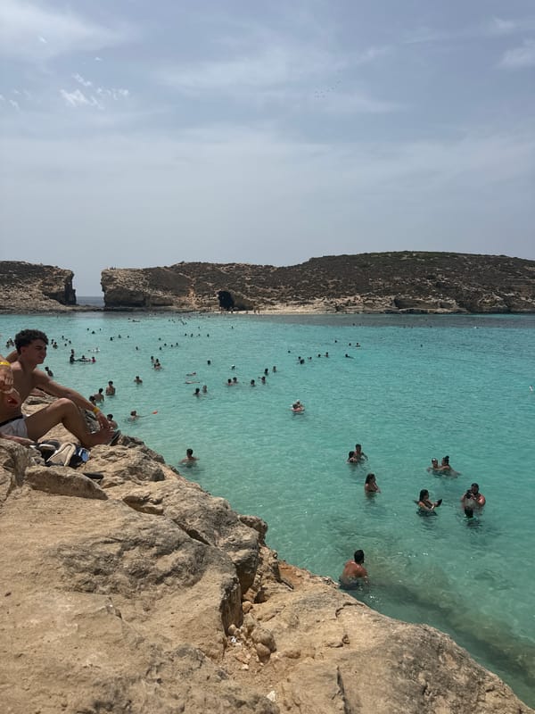 Blue Lagoon buzzing with summer crowds, Comino, Malta