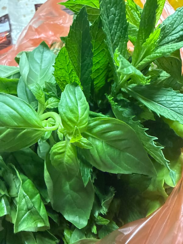 Fresh herbs, produce, and white peonies at home