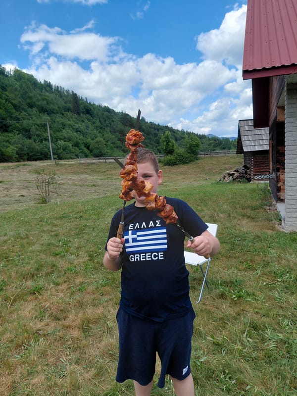 Casual summer cookout with a cat in rural Ukraine