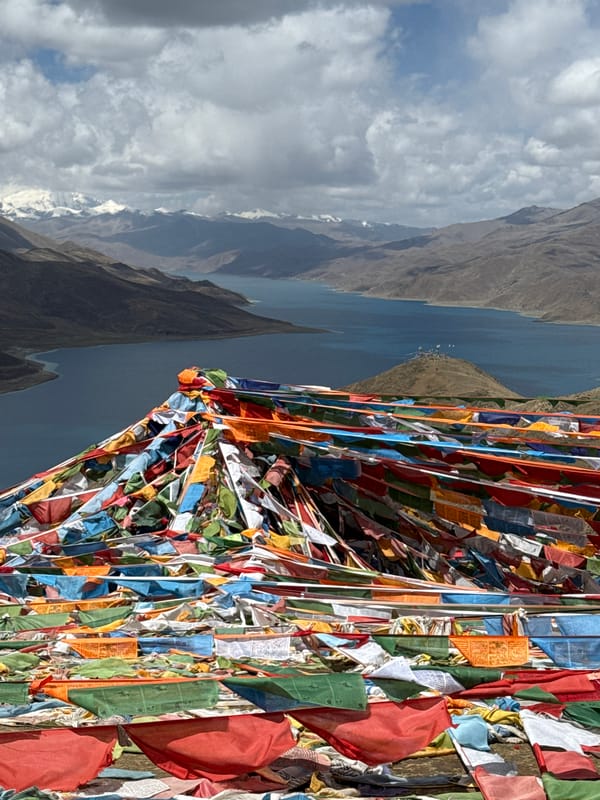Buddhist prayer flags documented in mountainous Qangtang town landscape