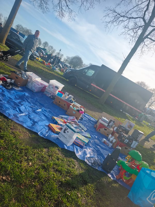 Flea market stall operates in Horst, Netherlands