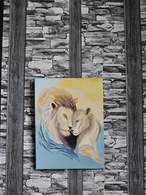 Lion painting spotted on textured wall in Voden