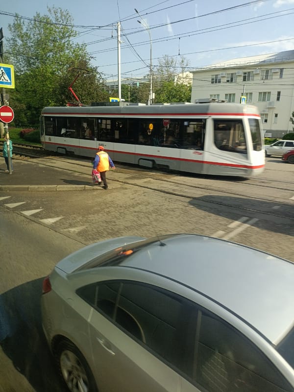 Morning tram service operates in downtown Krasnodar, Russia