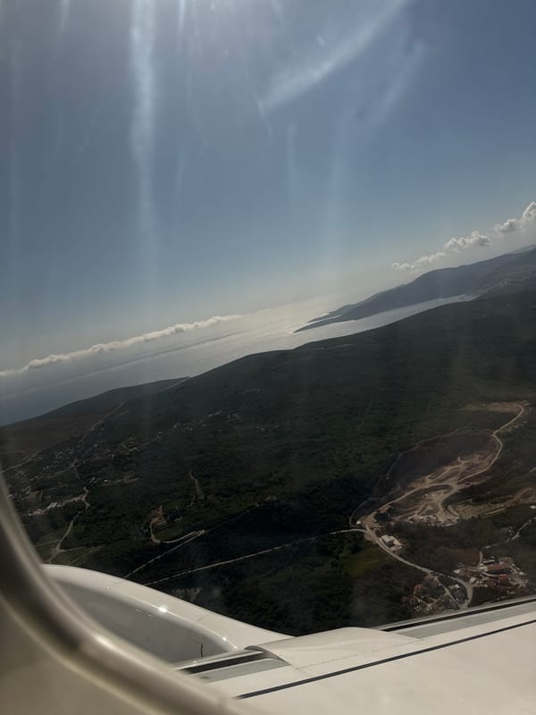 Aerial view captures Montenegro coastline from airplane window