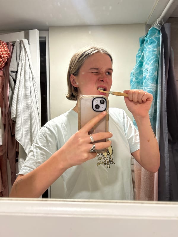 Person takes bathroom mirror selfie while brushing teeth