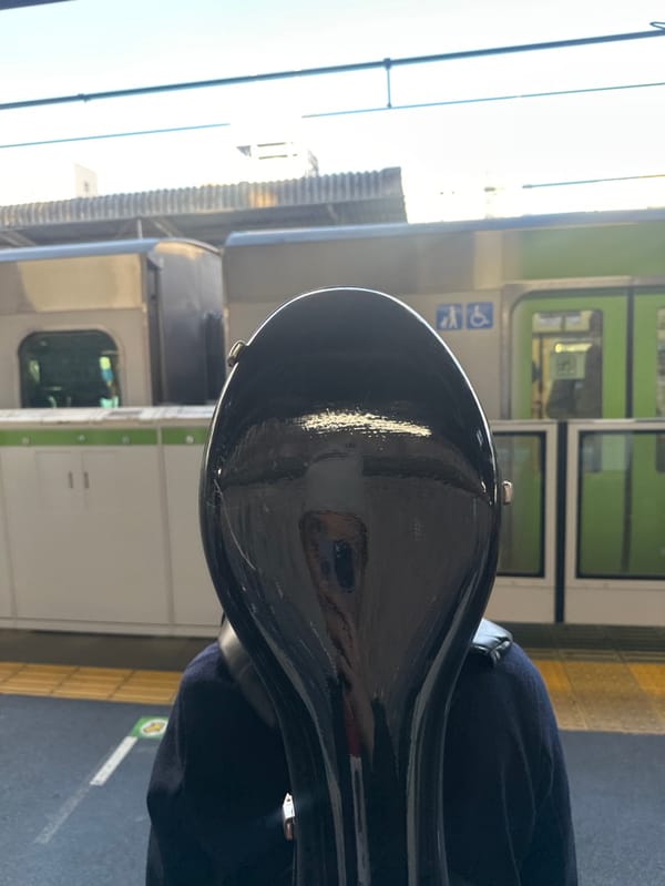 Musician carries reflective violin case in Tokyo's Taito district