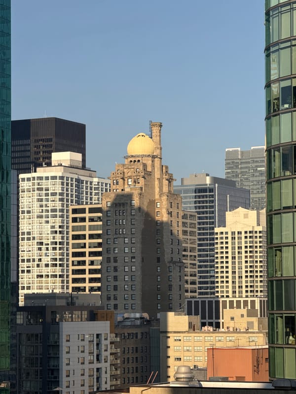 Chicago skyline from above and below, clear summer day