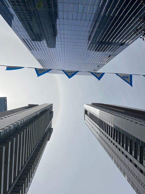 Israeli flags displayed between Tel Aviv buildings
