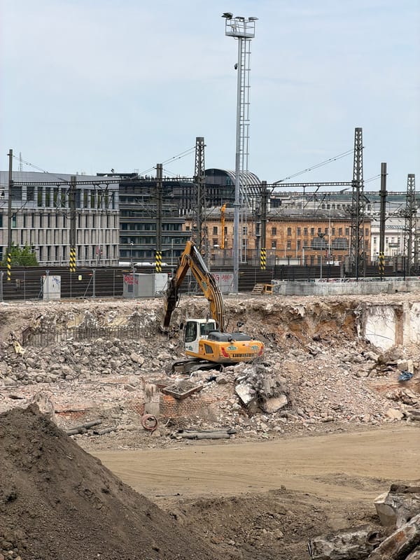 Morning construction work documented in Prague alongside casual indoor moments