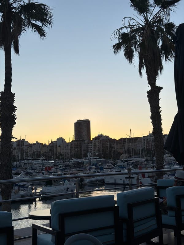 Evening cocktails at marina-view restaurant in Alicante, Spain