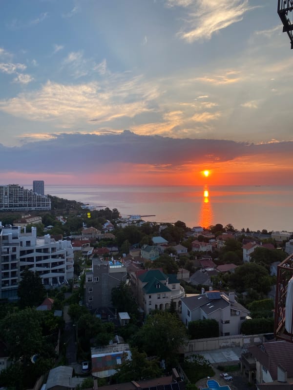 Odesa at sunset, city meets the Black Sea