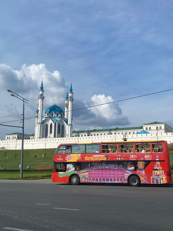Tour bus passes Qol Sharif Mosque in Kazan